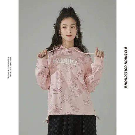[商场同款]唐狮春季新款卫衣女线稿卡通满印卫衣休闲百搭上衣图片