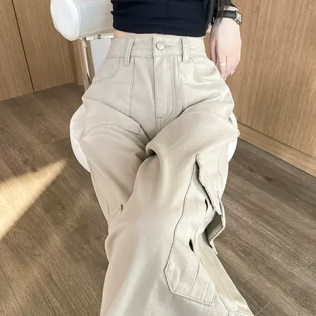 浅色美式工装牛仔裤女春秋2025年新款高腰显瘦宽松直筒白色阔腿裤商品大图