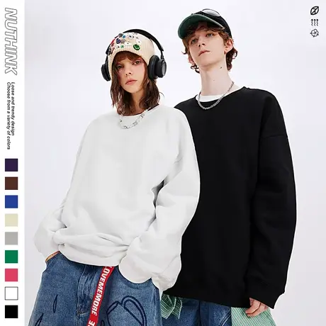 Nuthink纯色简约风圆领卫衣男潮流vintage大码情侣装冬季日系上衣商品大图