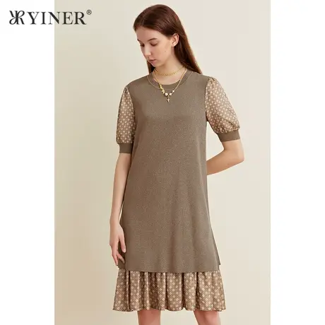 YINER音儿女装夏季圆领针织拼接连衣裙商品大图