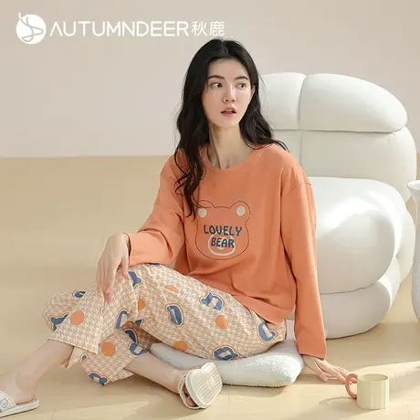 秋鹿纯棉可爱印花睡衣女春秋款长袖长裤柔软针织棉女士家居服套装商品大图