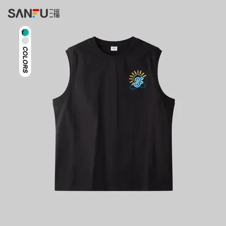 三福2024夏季男士字母宽肩纯棉背心 休闲宽松无袖上衣男483065商品大图