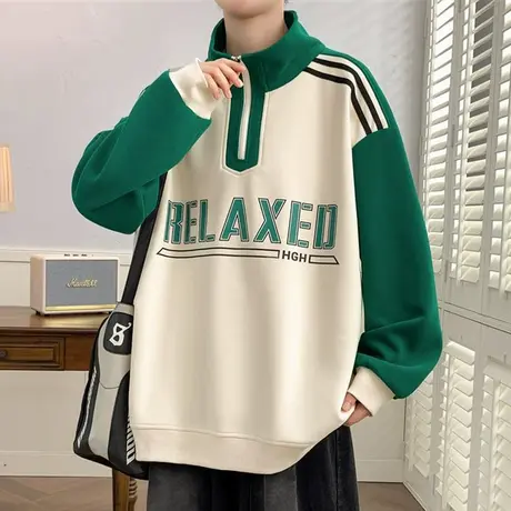 立领半拉链卫衣男秋冬款加绒潮牌高级感打底衫春秋帅气青少年外套商品大图