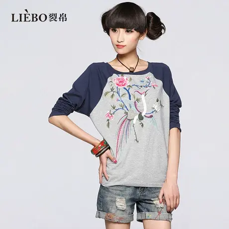 裂帛设计感撞色复古花鸟刺绣插肩袖T恤女休闲宽松百搭长袖上衣春图片