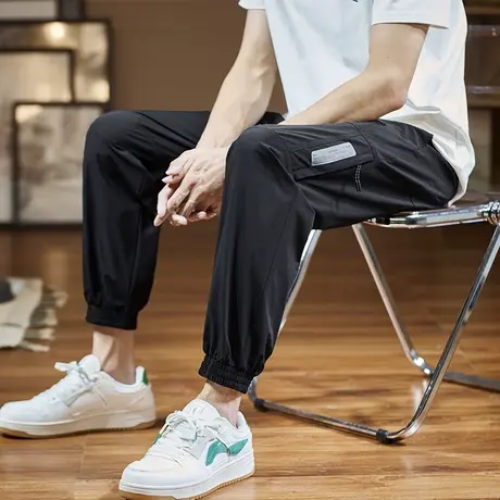 唐狮春夏季薄款男款休闲裤工装束脚裤黑色冰丝韩版运动潮牌裤子商品大图