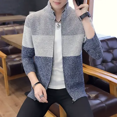 秋冬季开衫毛衣男立领修身加绒加厚韩版潮流新款针织衫男冬季外套商品大图