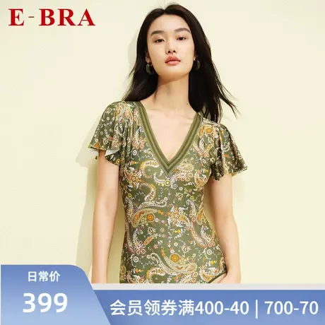安莉芳旗下E-BRA女士三角连体泳衣短袖v领印花高级感泳装KS00024商品大图