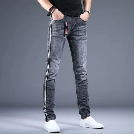 男士条纹灰色牛仔裤男秋款男款潮牌修身小脚休闲裤子韩版2023新款图片