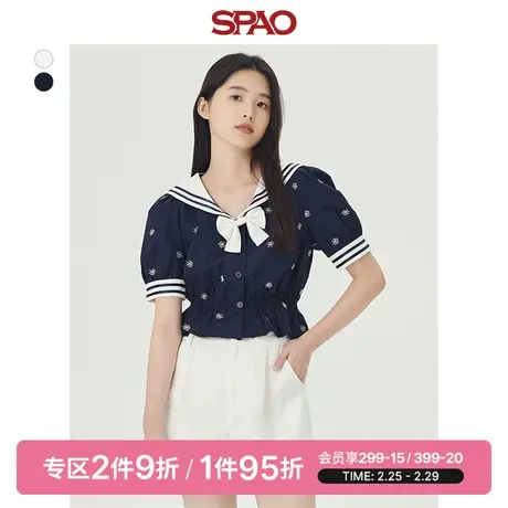 SPAO女士春季新款海军领短款收腰短袖雪纺衫上衣SPBWD25S21图片