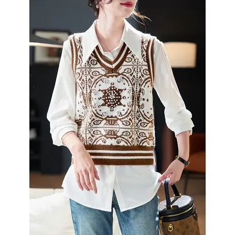 宝诗黎钉钻提花针织马甲衬衫2024春季新款休闲百搭雪纺衬衣两件套图片