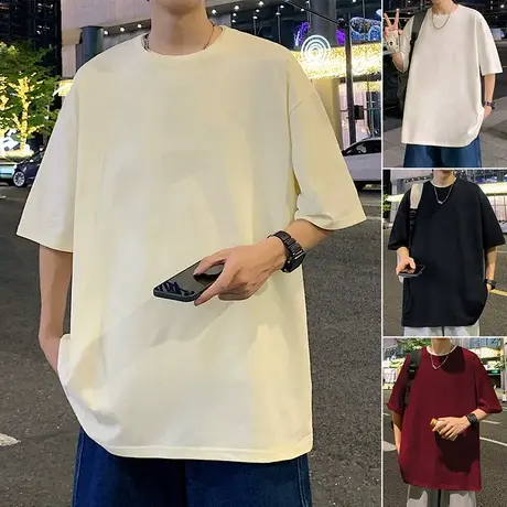 纯棉重磅短袖T恤男夏季新款休闲美式ins潮牌情侣纯色宽松圆领半袖商品大图