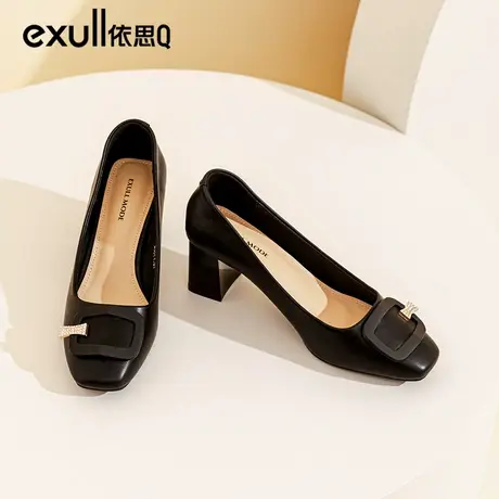 依思q黑色工作鞋女软底舒适上班女鞋2024新款春季粗跟方头高跟鞋商品大图