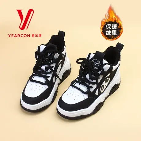 意尔康女鞋秋冬款加绒冬季熊猫鞋女厚底休闲鞋时尚板鞋面包鞋高帮商品大图