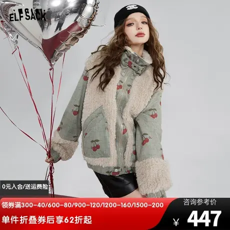 妖精的口袋拼接格纹厚外套女2023冬季新款小个子设计感印花上衣图片