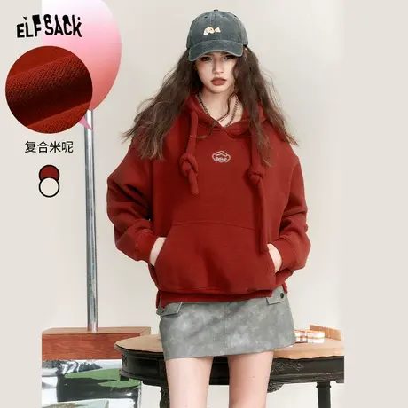 妖精的口袋红色连帽套头加绒卫衣女2023冬季新款小个子宽松套头图片