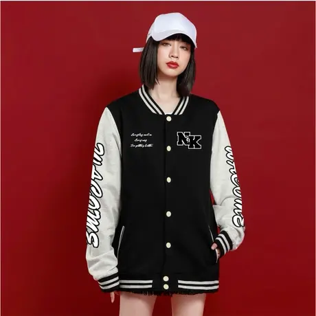 Ohlyah字母NK拼接夹棉加厚外套女秋冬季美式夹克情侣棒球服上衣商品大图