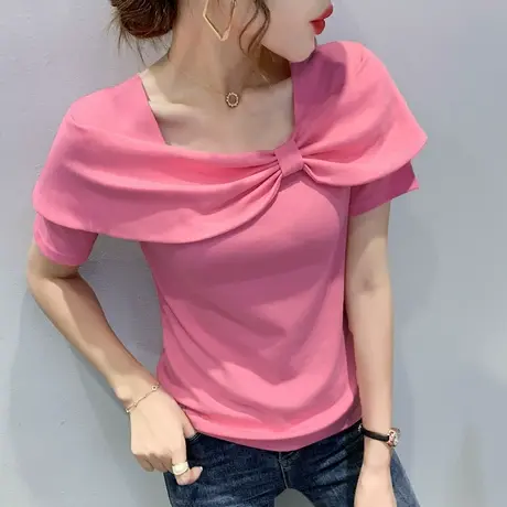 法式方领T恤女短袖夏装设计感蝴蝶结上衣洋气修身小衫半袖丅恤潮商品大图