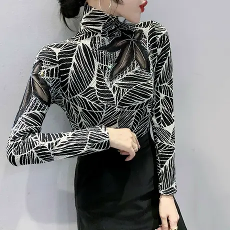 加厚加绒打底衫女秋冬高领保暖长袖T恤复古小衫性感镂空刺绣上衣商品大图