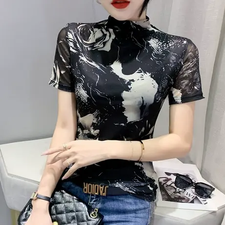 女装2023新款气质半高领打底衫短袖复古印花撞色上衣性感网纱T恤商品大图