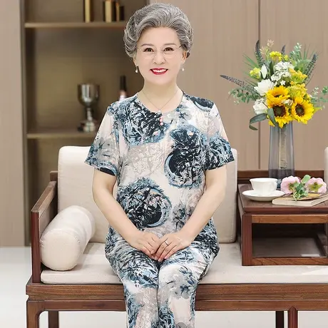 夏季奶奶短袖冰丝套装60岁70中老年人夏装妈妈婆婆两件套老人衣服商品大图