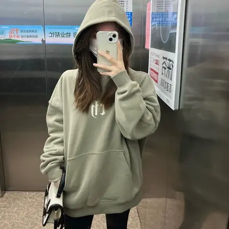 连帽卫衣女2023新款秋冬oversize欧货小个子中长款加绒加厚外套潮商品大图