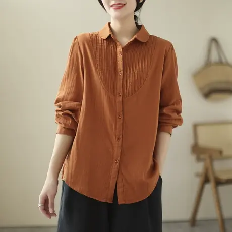 小众别致上衣早春2023复古文艺全棉衬衫女长袖中长款休闲宽松衬衣图片