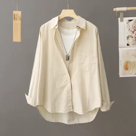 前短后长纯棉衬衫女中长款宽松纯色百搭叠穿衬衣设计感小众上衣潮图片