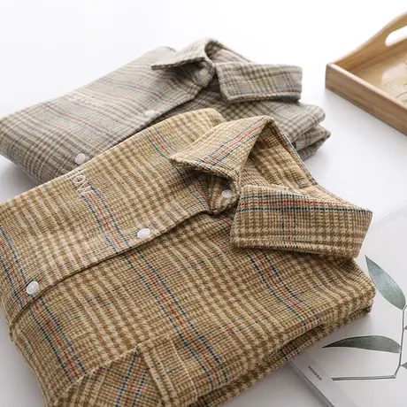 2020秋冬新款复古刺绣磨毛呢子格子衬衫女宽松设计感长袖韩版外套图片