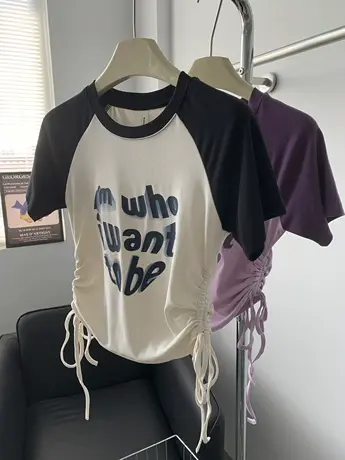 美式插肩t恤女夏短款抽绳上衣微胖穿搭ins高腰复古chic不规则短袖商品大图