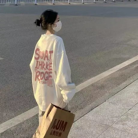 春秋薄款美式正肩设计感加绒加厚无帽圆领卫衣女士白色长袖上衣服图片