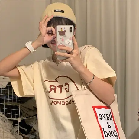 红续2023春夏新款字母基础圆领休闲百搭宽松纯棉短袖T恤女ins上衣商品大图