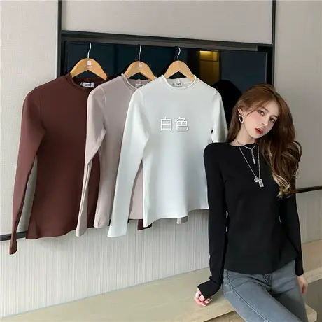 2023春秋新款纯色t恤女长袖修身韩版内搭上衣木耳边打底衫女百搭图片