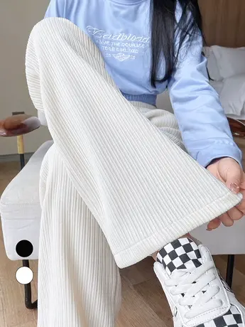 雪尼尔阔腿裤女2023年秋冬新款高腰休闲小个子灯芯绒白色直筒裤子图片