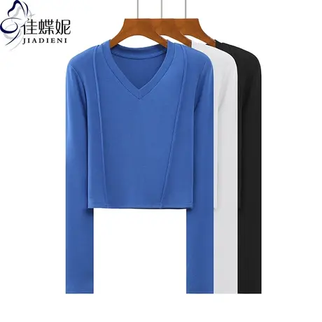 秋冬新款韩版V领修身短款纯欲纯棉纯色长袖体恤上衣内搭女打底衫商品大图