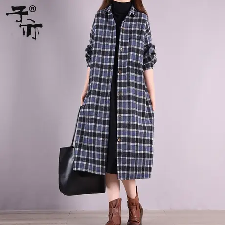 子亦冬季新款韩版大码加绒保暖中年妈妈休闲格子毛呢大衣外套商品大图