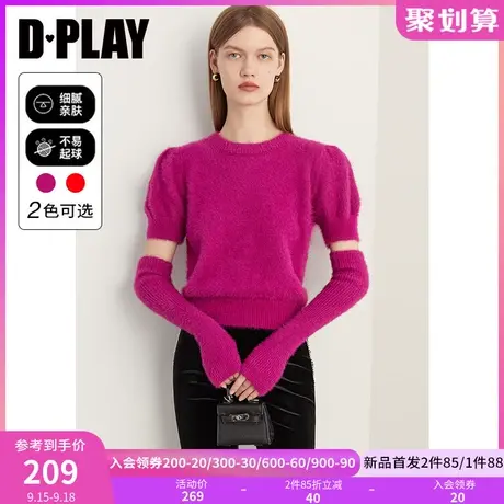 DPLAY2023秋装氛围感细闪仿貂毛玫瑰紫泡泡短袖两穿袖套针织上衣商品大图