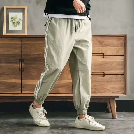 奕飏秋季双杠运动裤男潮 港风国潮薄款宽松束脚裤 纯色锥形休闲裤商品大图