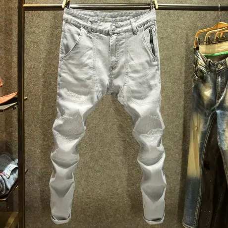 夏季磨破刮烂牛仔裤男大口袋韩版小脚裤潮流时尚拼接修身长裤薄款商品大图