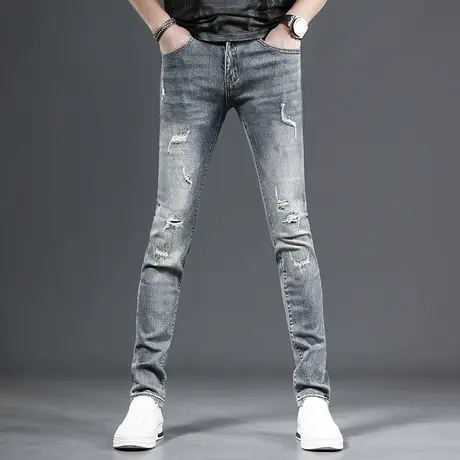 高端破洞牛仔裤男春季2023新款浅蓝色个性潮牌修身小脚弹力裤子男商品大图