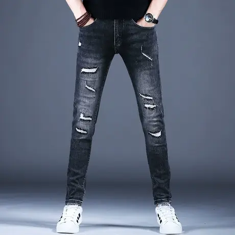 2023秋冬男士新款牛仔裤子简约修身破洞补丁小脚裤男潮牌棉弹休闲商品大图