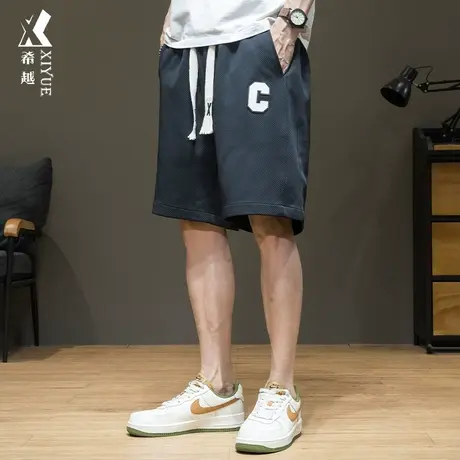 字母贴标过膝休闲短裤男斜纹布夏季薄宽松大码五分裤运动直筒裤子商品大图