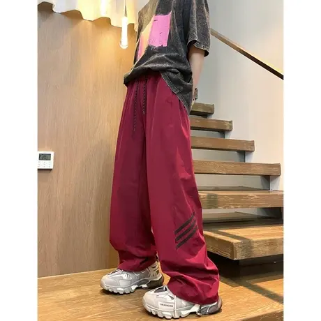 红色尼龙冰丝速干阔腿裤子男夏薄款美式hiphop巴黎神裤工装冲锋裤商品大图