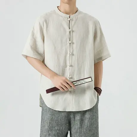 100%亚麻男短袖衬衣夏季麻料中国风复古薄款盘扣衬衫新中式唐装商品大图