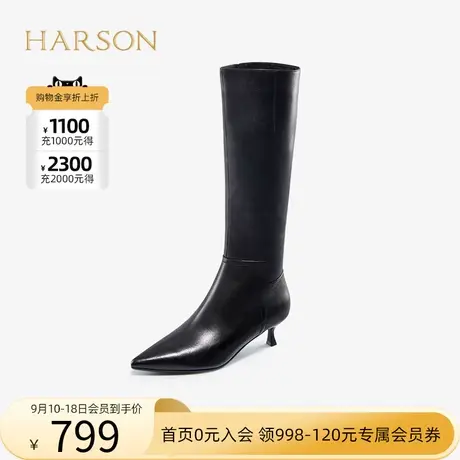 哈森 2021秋季新款女靴细跟尖头牛皮革简约通勤女靴HA16023商品大图