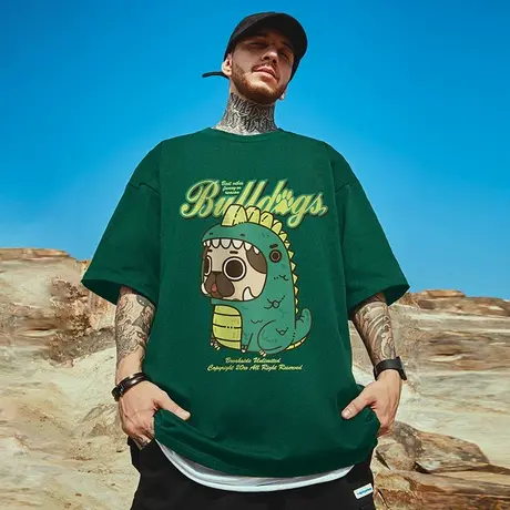 卡通短袖男街头潮流小众百搭纯棉橄榄绿重磅t恤情侣大码男生半袖图片