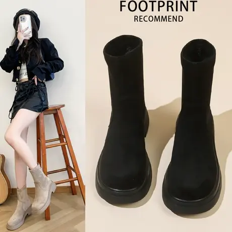 爆款短靴女2023年春秋单靴新款百搭马丁靴子女厚底瘦瘦弹力骑士靴图片