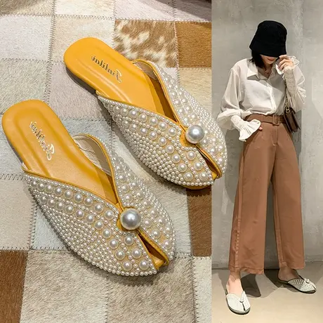 懒人穆勒鞋网红外穿女2023新款夏季鱼嘴凉拖平底珍珠包头半拖鞋潮图片