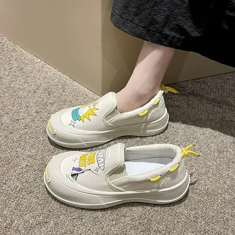 帆布鞋乐福鞋女2023秋夏新款厚底涂鸦休闲懒人一脚蹬小众休闲鞋女图片