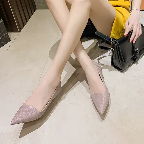 名媛法式小高跟鞋女2023新款春季伴娘婚鞋细跟设计感亮片尖头单鞋图片