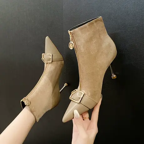 性感尖头短靴女细跟2023年冬季新款高跟短筒靴子英伦风百搭马丁靴商品大图